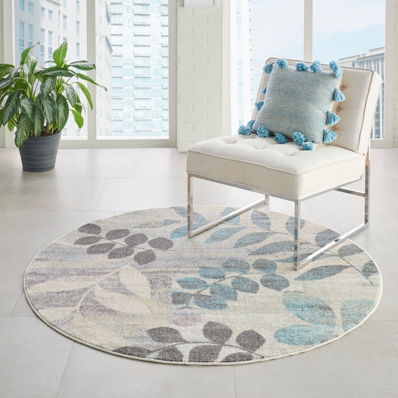Nourison Tranquil Floral Leaves Area Rug - 5'3" Round - Grey/Multi - Rectangle