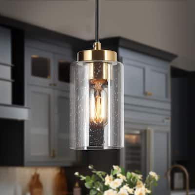 Modern Black Gold Cylindrical 1-Light Seeded Glass Kitchen Lighting Pendant Lights Dining Room for Kitchen Island