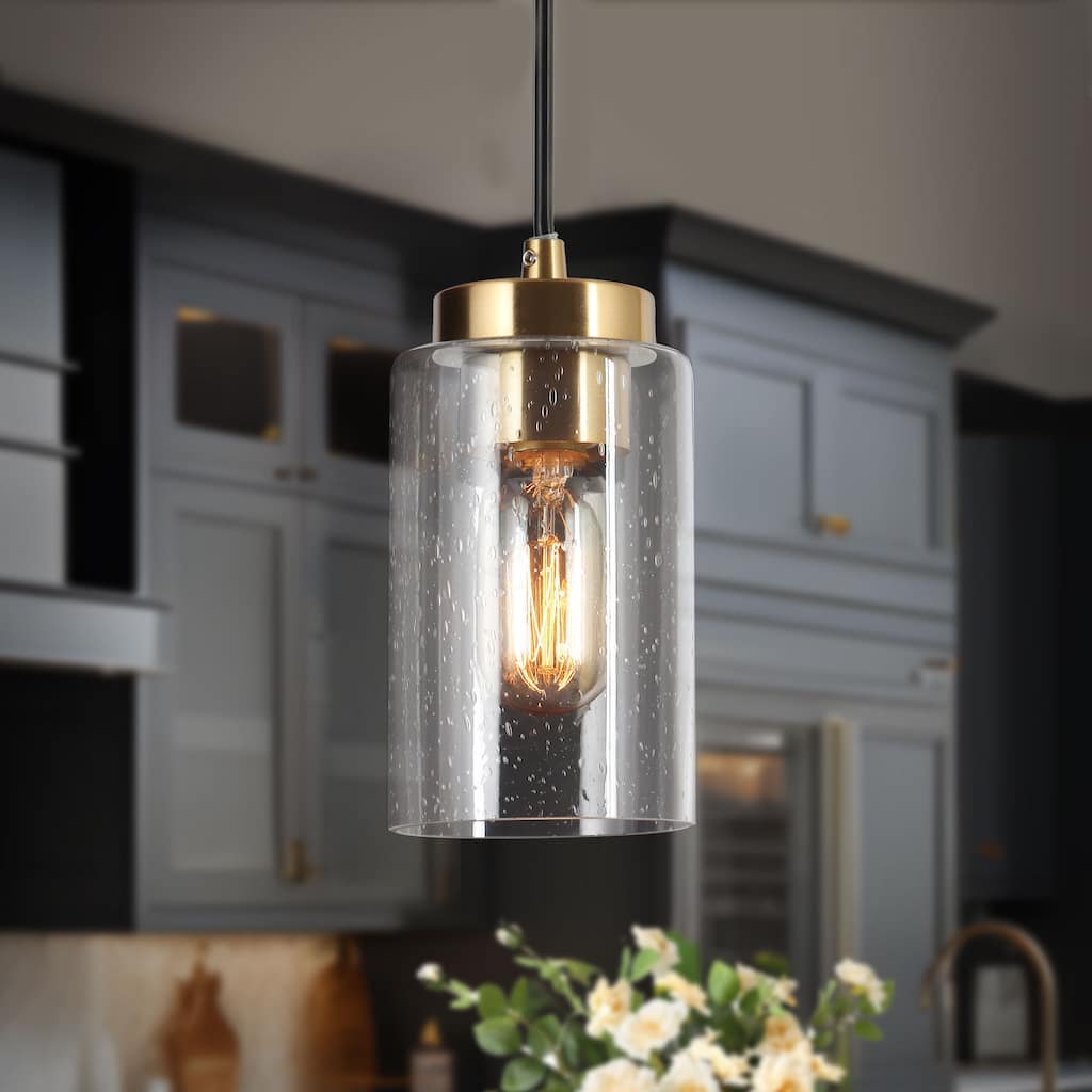 Modern Black Gold Cylindrical 1-Light Seeded Glass Kitchen Lighting Pendant Lights Dining Room for Kitchen Island