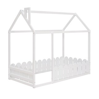 Kids Wood Bed, House Bed Frame with Fence-Shaped Guardrails for Teens Girls Boys, Slats are not Included