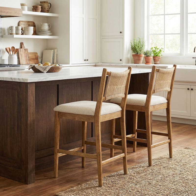 Christopher Knight Home - Arno Mid-Century Modern Upholstered Counter Stool with Rope Back and Solid Wood Frame Set - 21"W - Set of 4 - Walnut Finish+Beige+Beige Rope