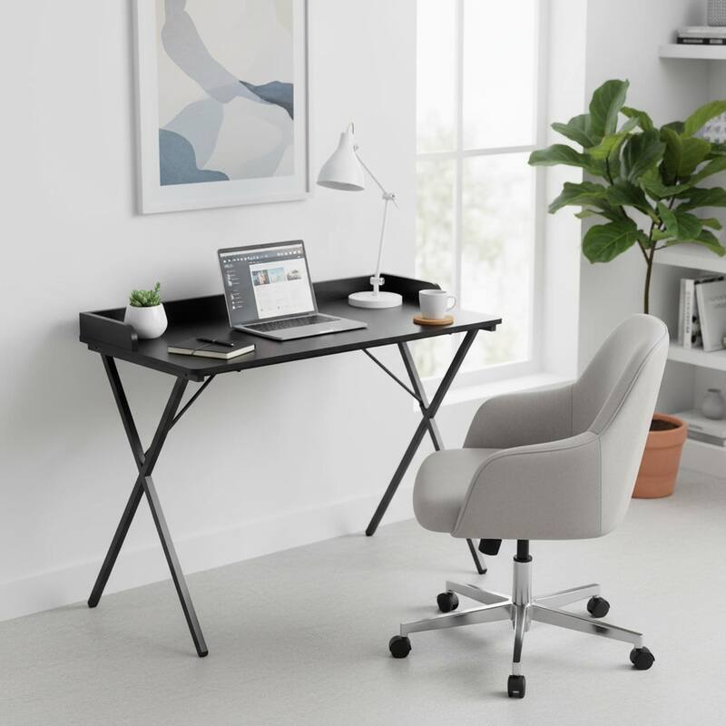 Homylin Modern Metal Frame Writing Desk with Raised Back Shelf, Black