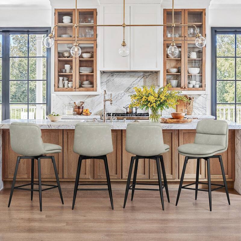 Upholstered Faux Leather Bar Stools with Back and Metal Legs Set of 2/3/4, 26" H Seat Height, 360° Swivel Bar Stools Brown - Grey - Set of 4