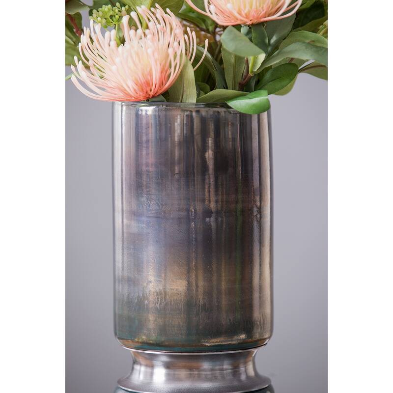 D5.1x13.2" Smokey Blue Glass Vase with Chrome Accent Modern Home Decor