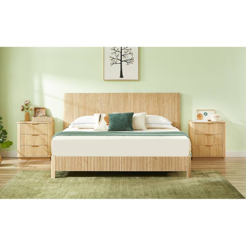 Wooden Corrugated Bed Frame Contemporary Rustic Platform Bed with 44.5" High Headboard/Metal Tubes Support/No Box Spring Needed