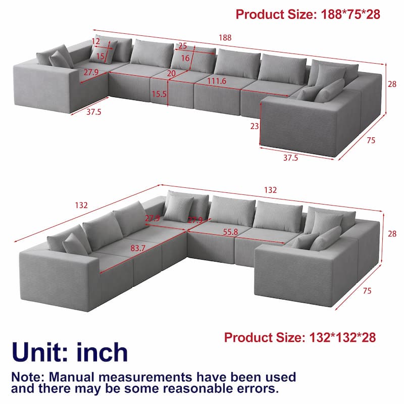 Roomfitters 188" Minimalist Corduroy Modular L-Shaped Sectional Sofa, Free Combination Floor Couch with Pillows