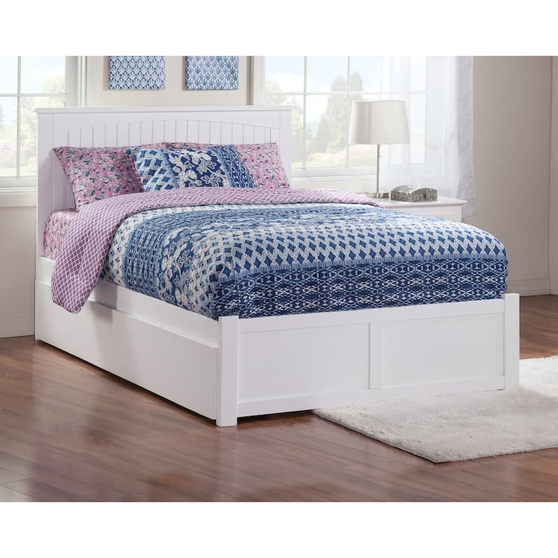Queen Platform Bed with Footboard, Turbo Charger, and Twin XL Trundle in White for Coastal or Rustic Style