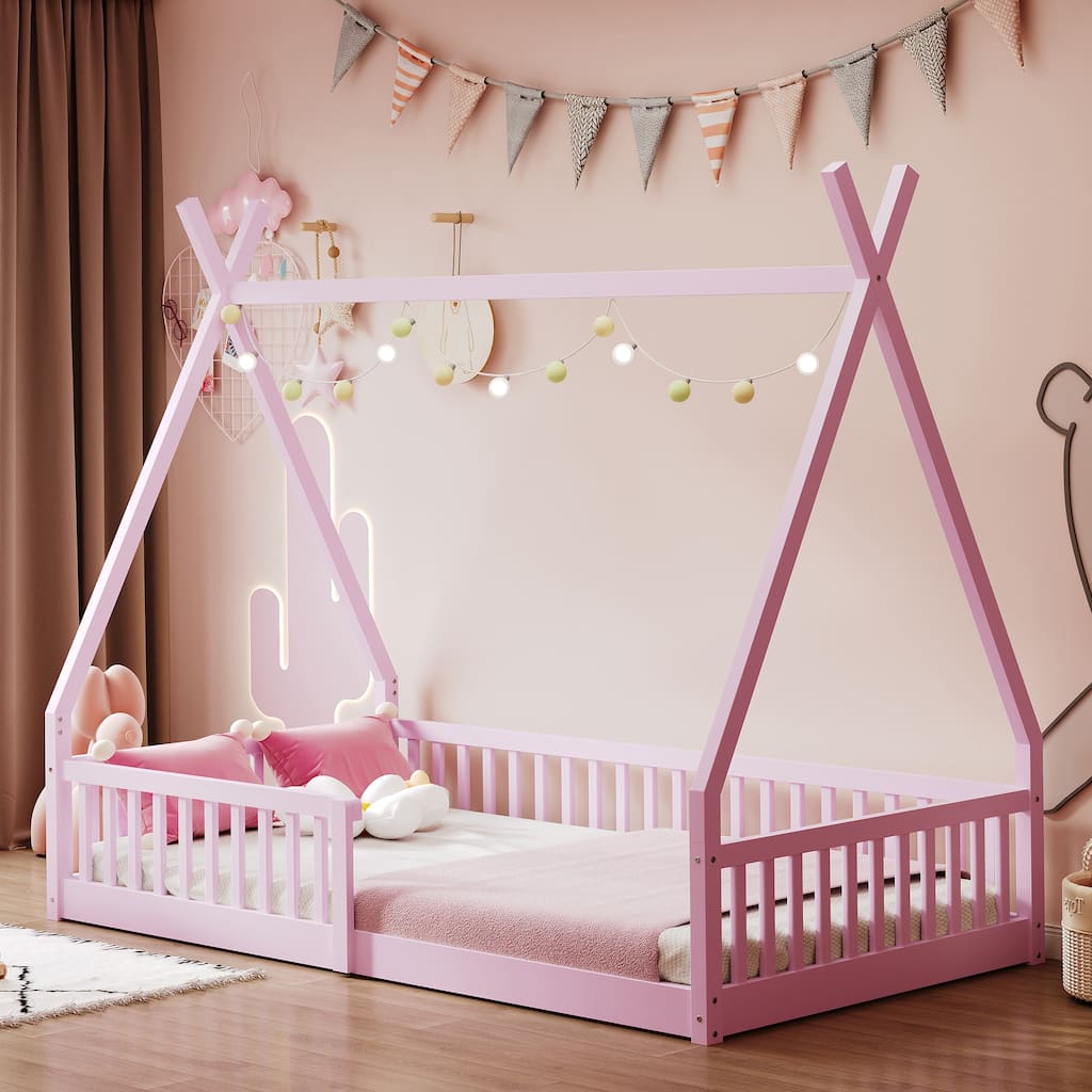 Pink Twin Size House-Shaped Wood Bed with Fence for Kids