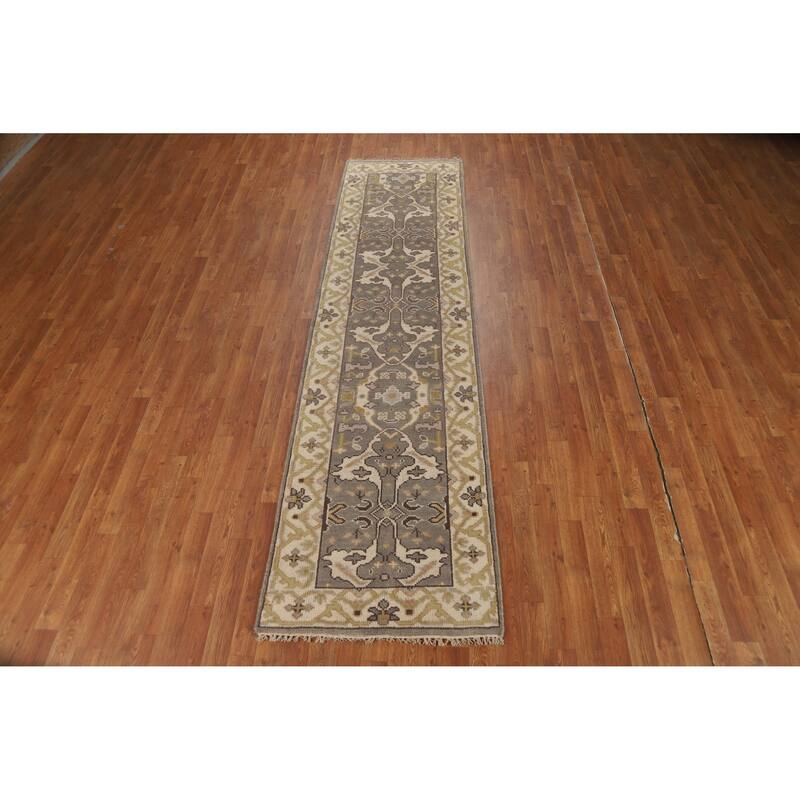 Grey Oushak Runner Rug Hand-Knotted Transitional Wool Carpet - 2'6"x 9'9"
