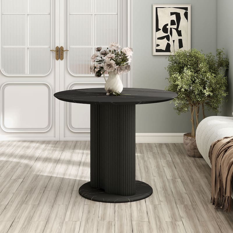 Furniture of America Astra Modern Wood Round Dining Table with Fluted Base - Black With Faux Marble Veneer