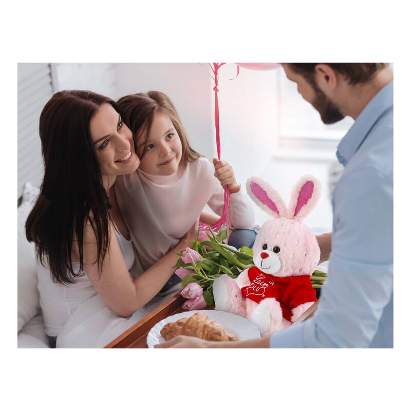 DolliBu I LOVE YOU Rose Gold Bunny Plush Animal with Red Shirt - 8 inches
