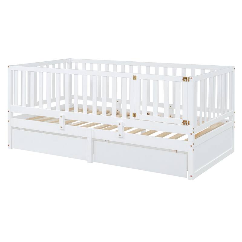 Twin Size Wood Daybed with Guardrails and Drawers, Convertible to Floor Bed, White