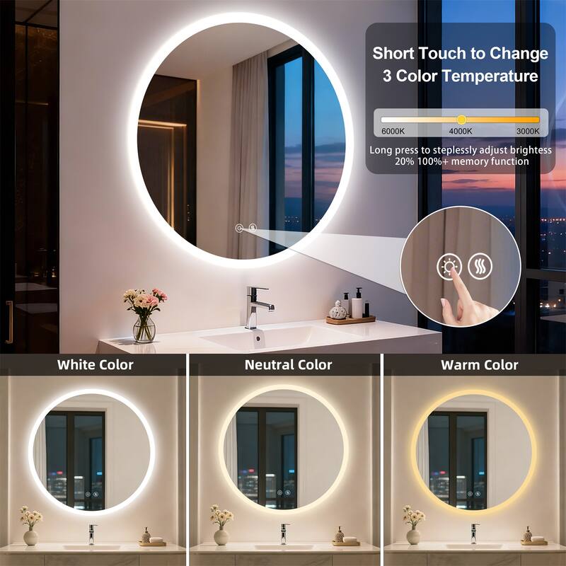 Backlit Round LED Lighted Bathroom Mirror Smart Touch Anti-Fog Wall Makeup Mirror with Aluminum Frame