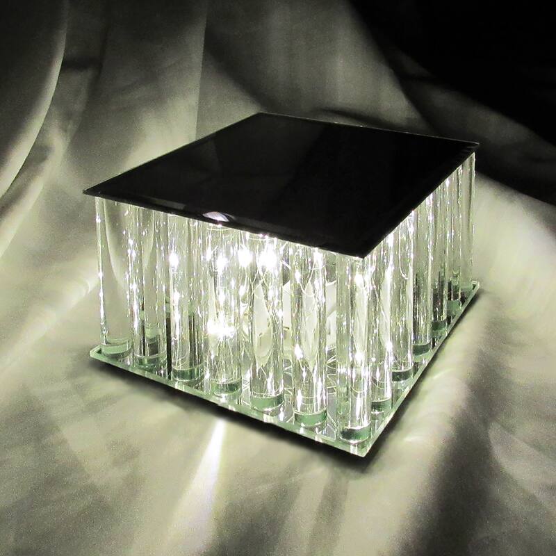 Square Mirror LED Fairy Light Up Glass Columns Cake Stand Dessert Display Tray Riser