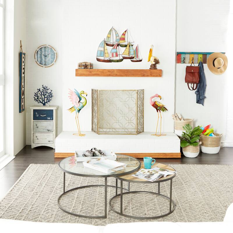 Wood Sail Boat Distressed Ship Wheel Wall Decor with White Accents - Blue - Roche River Decor