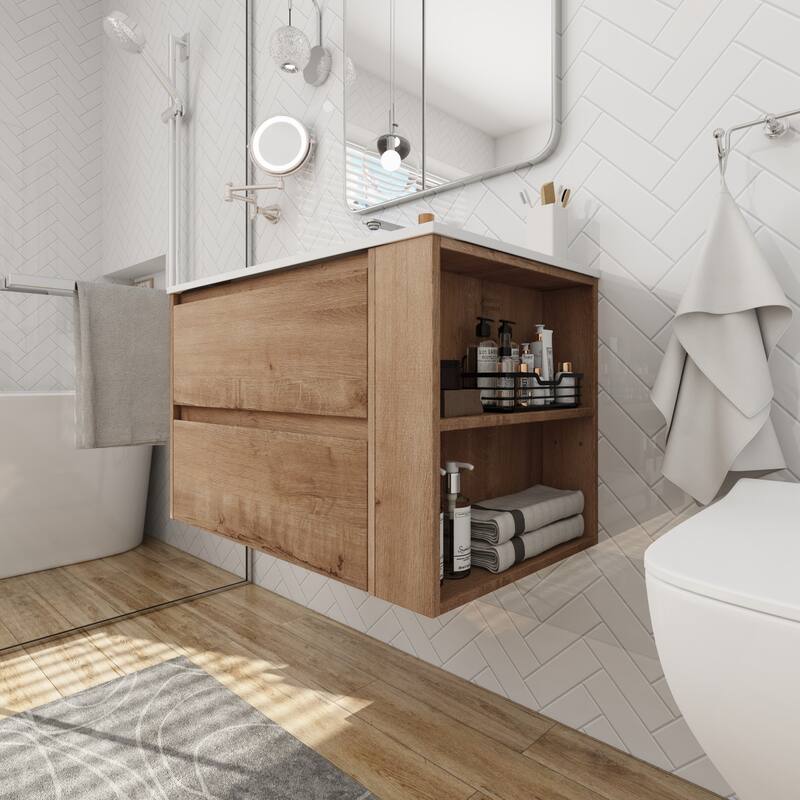Modland 30" Wall-Mount Vanity with Gel Sink & Soft-Close Drawers - Adjustable Shelf, Brown/Imitative Oak - 30 Inch
