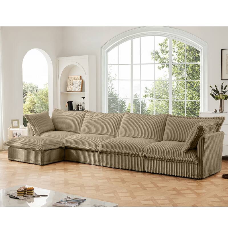 156" Corduroy Modular Sectional Sofa w/ Removable Slipcovers, Ottoman