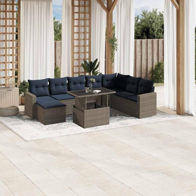 vidaXL Patio Sofa Set with Cushions and Table Outdoor 9 Piece Poly Rattan - 24.4 x 24.4 x 27.2 - Gray without storage