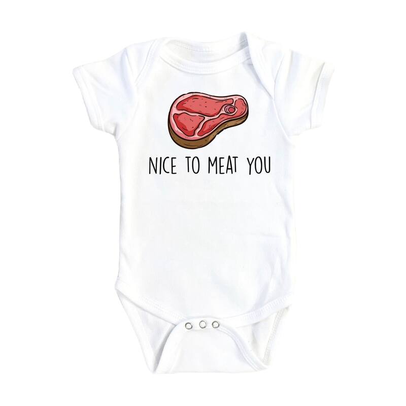 Meat You Bbq - Baby Boy Girl Clothes Infant Bodysuit Funny Cute Newborn - White - 6-9M