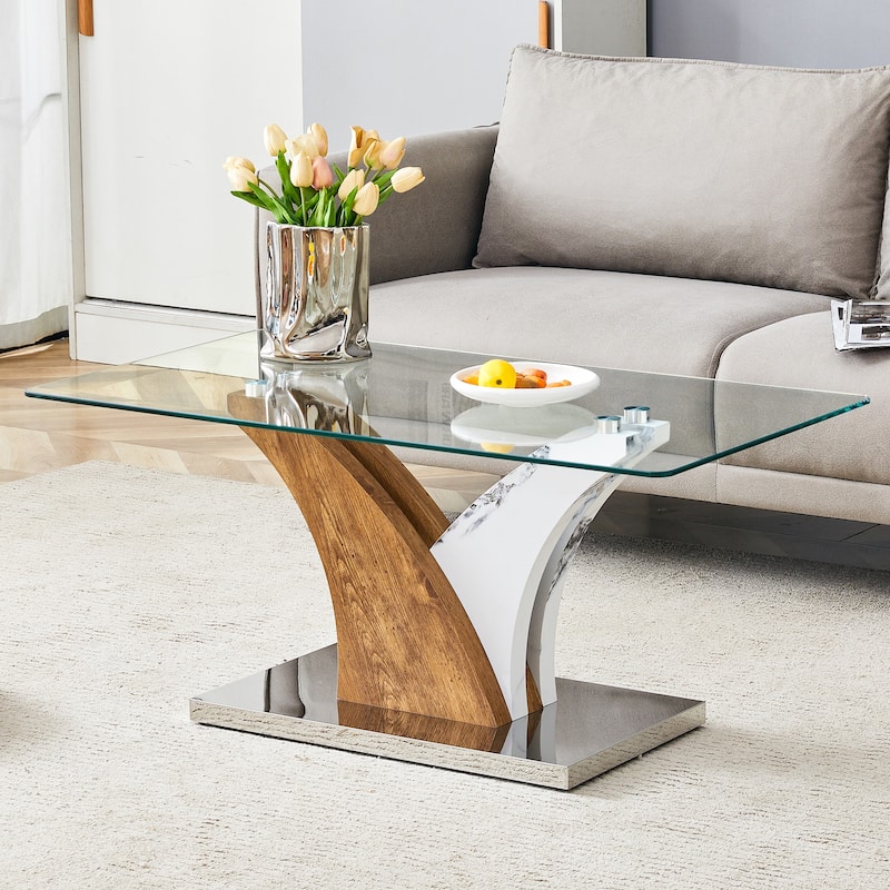 Rectangular Coffee Table. Tempered glass countertop, and artistic MDF legs