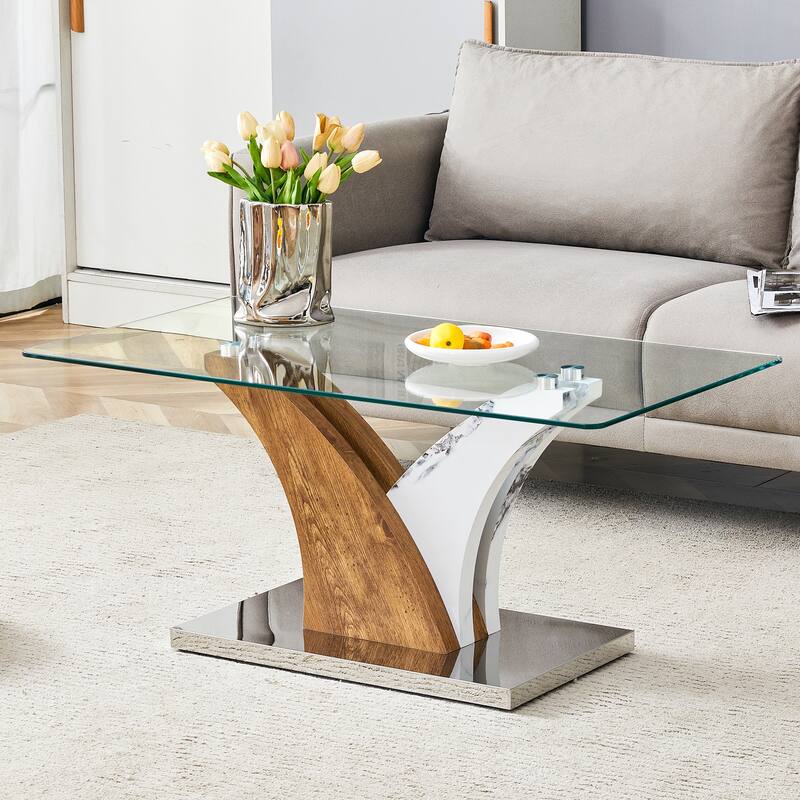 Roomfitters Glass Coffee Table with White and Wood MDF Legs, Rectangular Center Table for Dining or Living Spaces, White+Wood