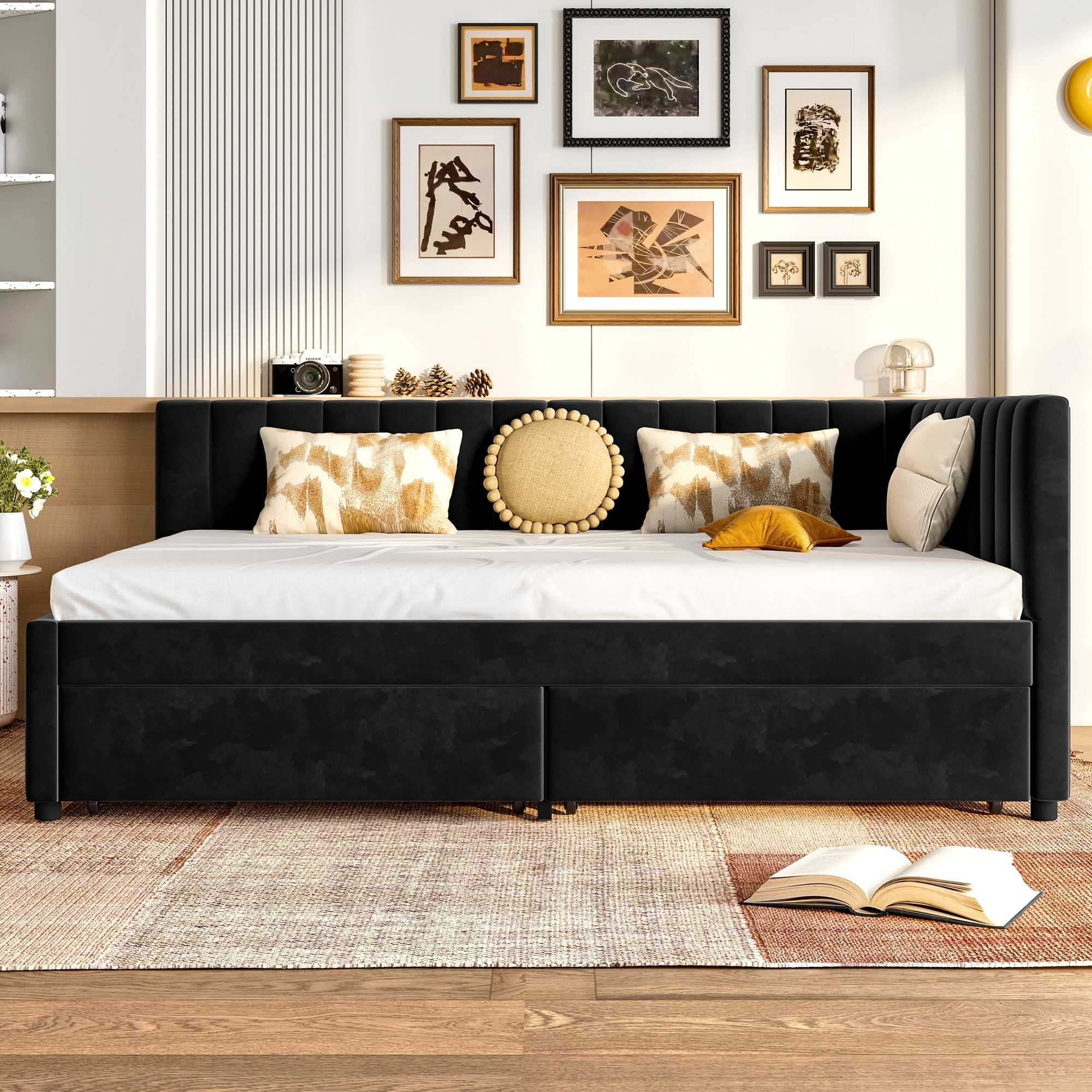 Full Size Daybed with Storage Drawers Upholstered Corner Bed with L Shaped Headboard Velvet Daybed Frame