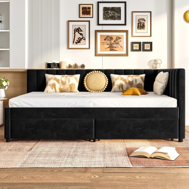 GDFStudio - Modern Velvet Upholstered Corner Daybed with 2 Storage Drawers & L-Shaped Headboard, No Box Spring Needed - Black - Full