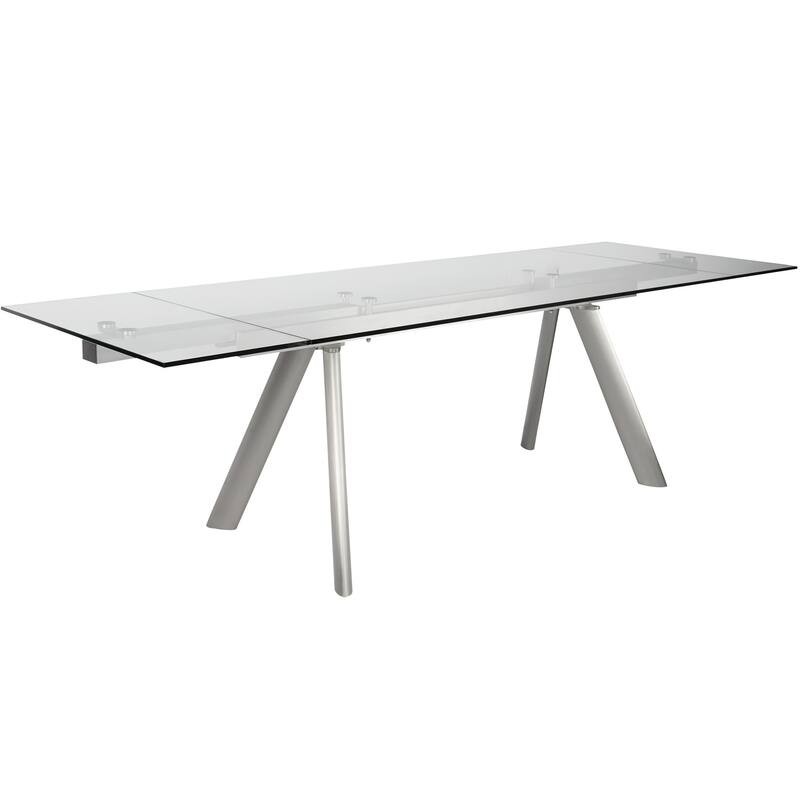 HomeRoots 103" Clear and Silver Glass and Steel Extendable Dining Table - 102.50 in. x 29.50 in. x 35.50 in.