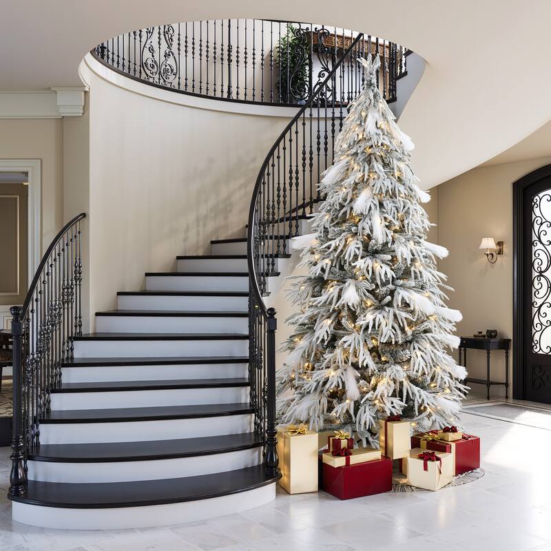 7.5Ft Pre-Lit Hinged Snow Flocked Slender Artificial Christmas Tree - 90" H x 52" Diameter