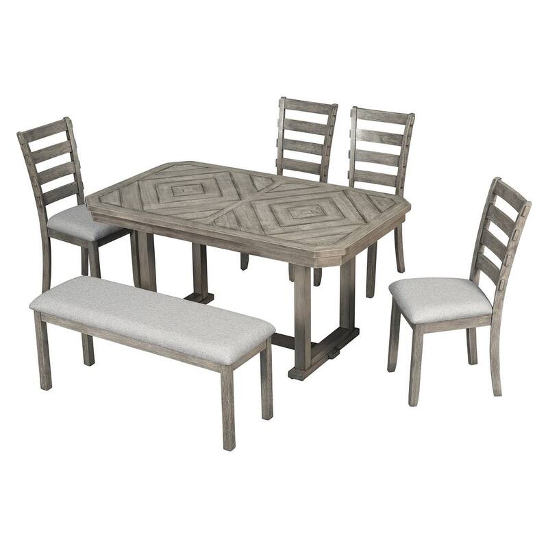 6 PCS Rubber Wood Dining Table Set for 6-Wood Grain Top, Solid Wood Veneer, and Cushioned Seats
