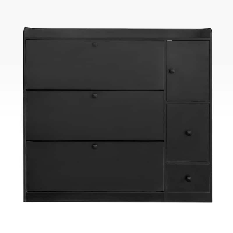 Modern Shoe Cabinet with Pull-Down Seat & 3 Flip Drawers, Freestanding Entryway Storage