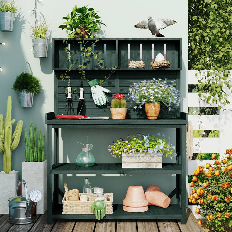 65" Large Wooden Farmhouse Rustic Outdoor Potting Bench Table, Patio Workstation, Garden Potting Bench