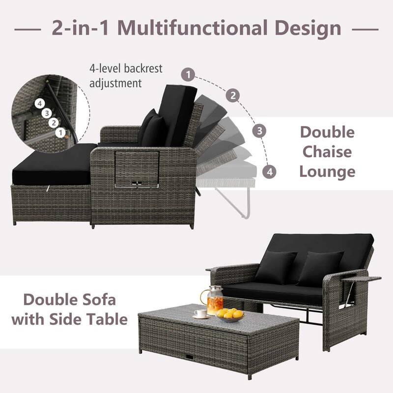 Gymax Rattan Daybed Wicker Loveseat Sofa Set w/ Ottoman & Retractable