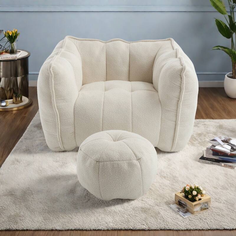 Chenille Bean Bag Chair Sets with Footstool and High-Resilience Foam - Beige