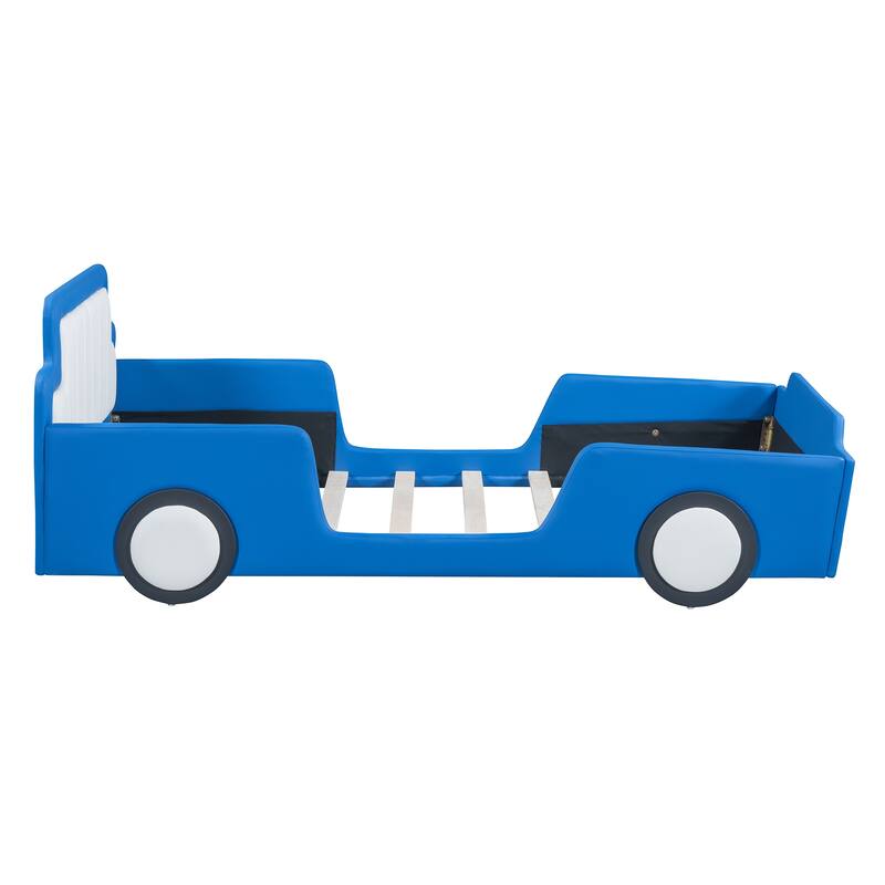 Kids Car-Themed Twin Bed with Side Rails, PU Upholstery and Decorative Racing Wheels