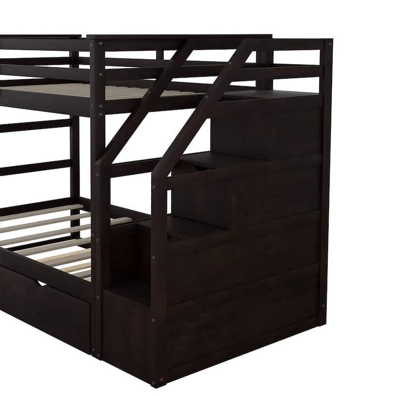 Kids Twin Ove Twin Bunk Bed with Pull-Out Trundle and 3 Storage Stairs, Safety Guardrails and Armrest