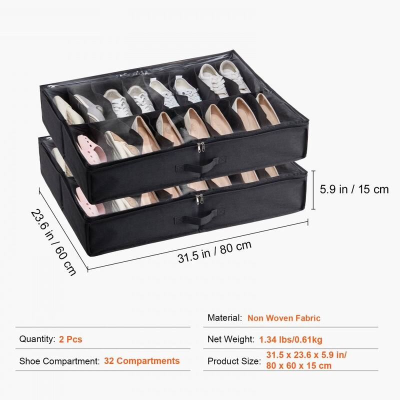 Under Bed Shoe Storage Organizer Set of 2 with 32 Compartments - 31.5 x 23.6 x 5.9 in