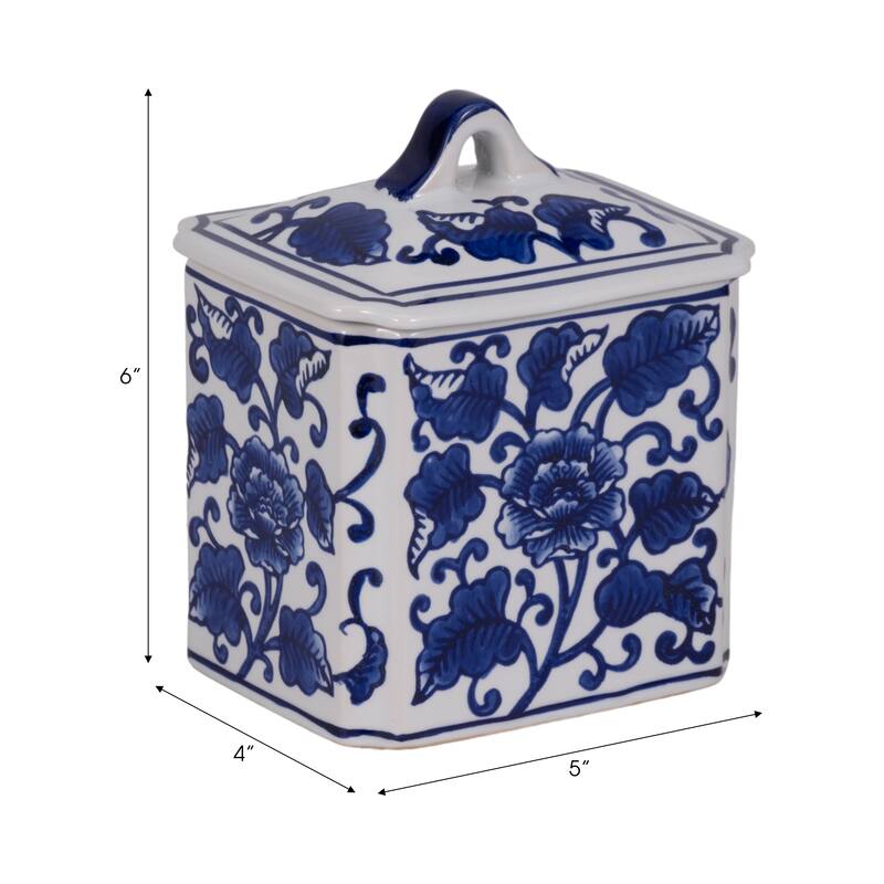 Sagebrook Home Ceramic Candle - 6" Blue/White Chinoiserie with Lid, 13 oz - 5" x 4" x 6"