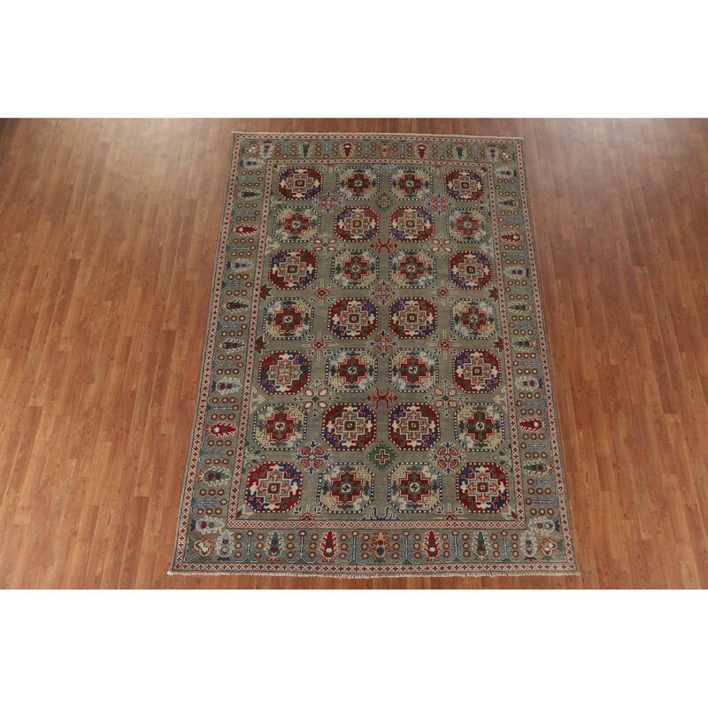 Hand Knotted Oriental 100% Wool Carpet Traditional All-Over Green Kazak Area Rug - 9' 10'' X 6' 7''