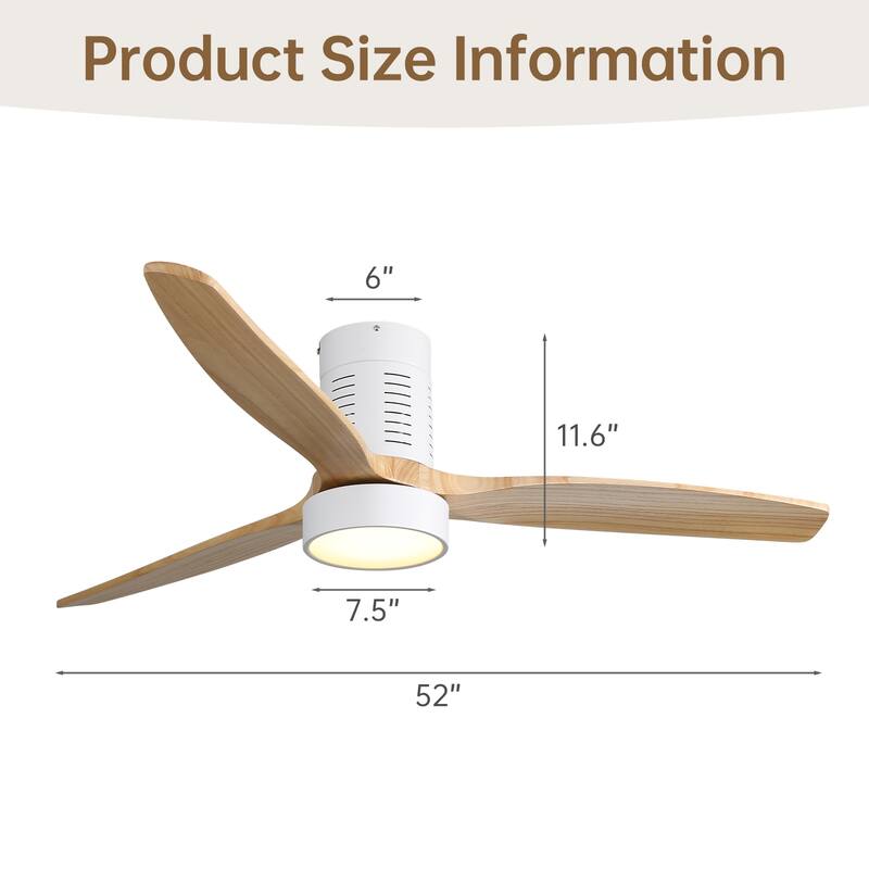 52 Inch Flush Mount Wood Blades White Ceiling Fan Reverse Airflow,6 Wind Speed,Remote Control