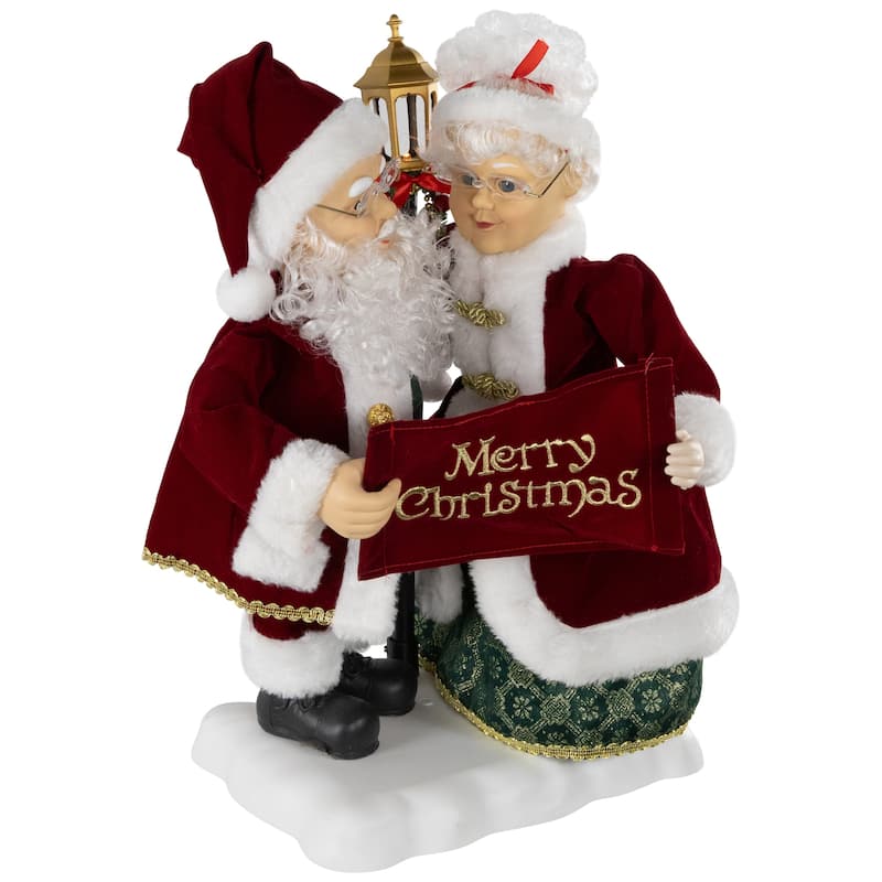 Animated and Musical Mr. and Mrs. Claus Figures with Lighted Lamppost and "Merry Christmas" Sign - 18"
