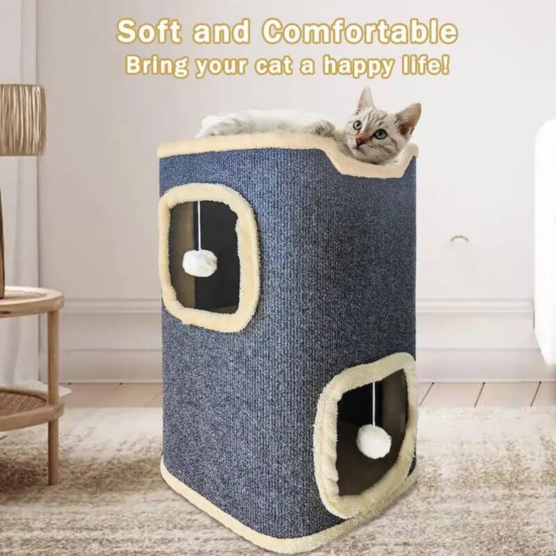 Grey 2-Layer Rectangular Cat House with 2 Pom Pom Hanging Toy Ideal for Indoor Use - 14”L x 14”W x 23.6”H