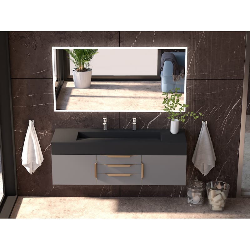 Nile 60" Wall Mounted Bathroom Vanity Set w/ Black Top