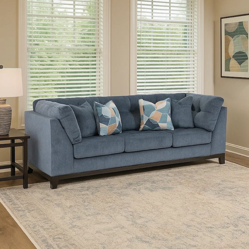 Maxo Sofa, 100 Inch Tufted Rich Blue Polyester, 5 Accent Throw Pillows