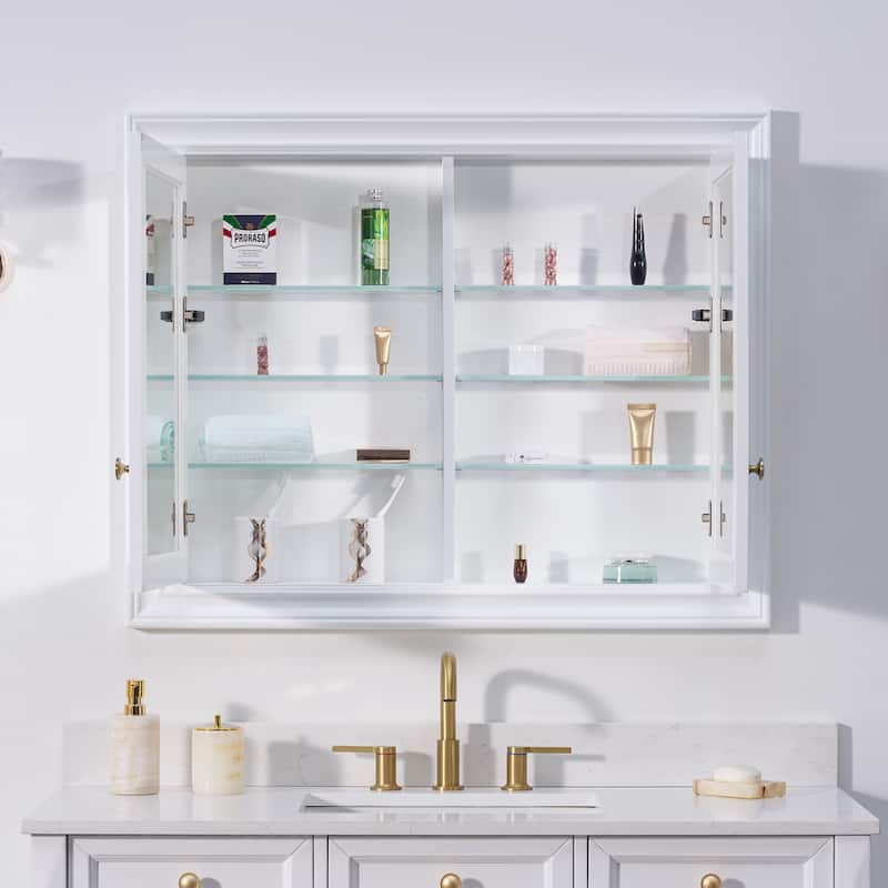32''H Recessed Mount Solid Wood Framed Medicine Cabinet With Mirror and Shelves