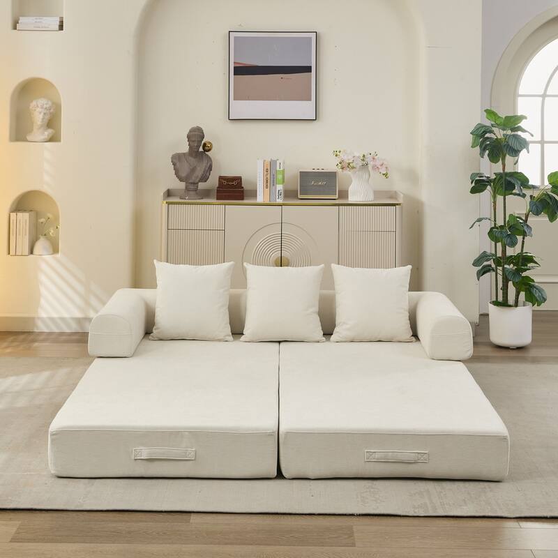 Chenille Folding Sofa Floor Sleeper Bed Chaise Lounger Couch 3-in-1 Comfy Mattress with Reversible Arm Pillows and Non-slip Pad