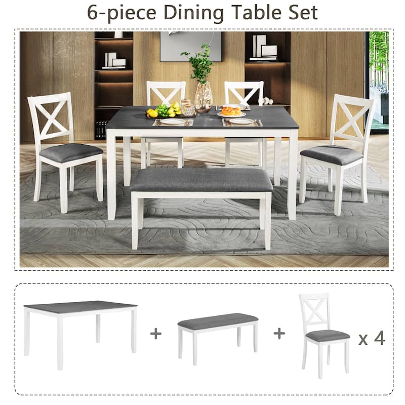 GDFStudio - Dalton 6-Piece Transitional Wooden Dining Table Set with 4 Upholstered X-Back Chairs and 1 Bench