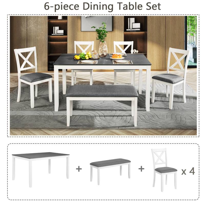 Modern 6 Piece Wooden Dining Table Set, Rectangular Table with 4 Upholstered Chair and X Back & Bench, for Restaurant and Bistro