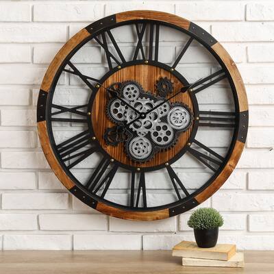 Glitzhome 27"D Industrial Wooden/Metal Wall Clock with Moving Gears