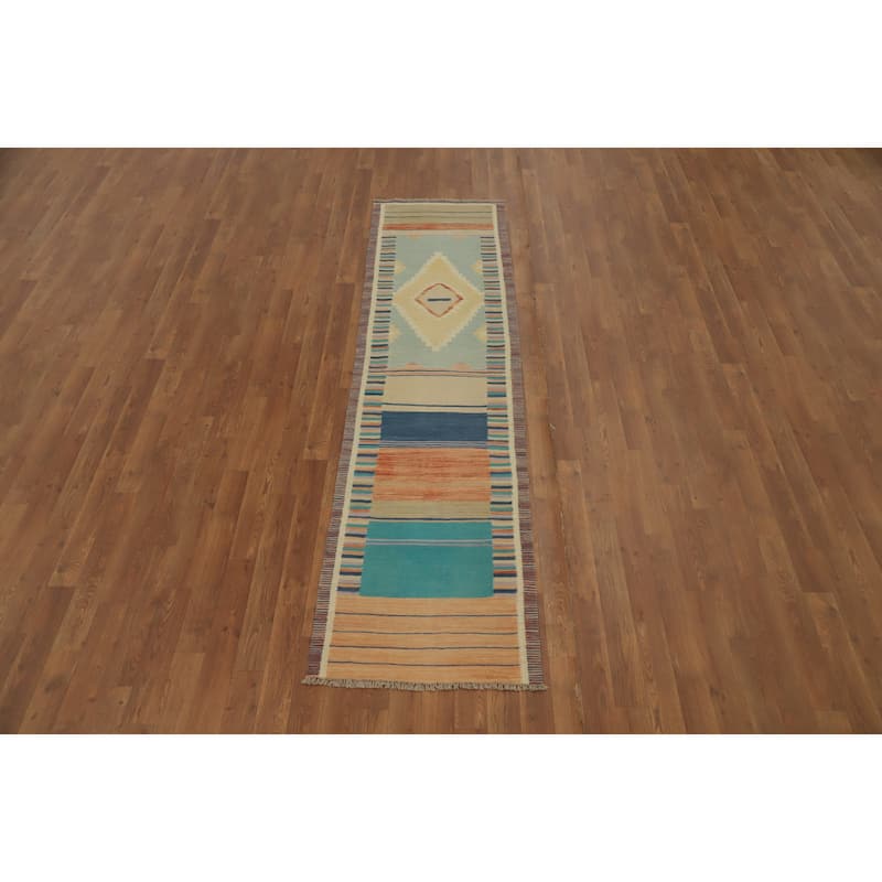 Hand Woven Oriental 100% Wool Carpet Southwestern Tribal Multi-Colored Kilim Runner Rug - 8' 1'' X 2' 0''